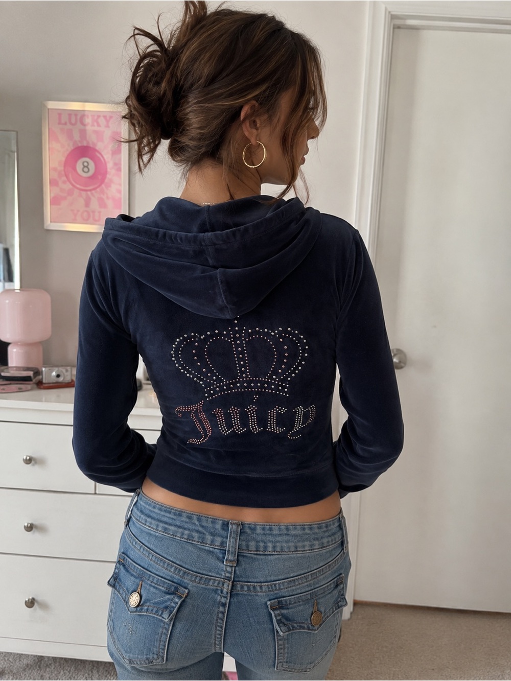 Juicy Couture Velour Zip Hoodie Crown Rhinestone Navy Blue Large Y2K McBling